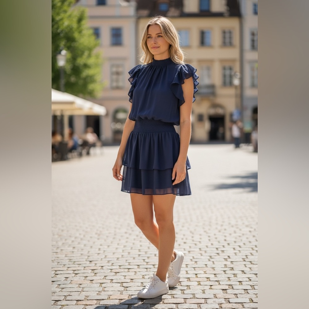 1.STATE Navy Blue Smocked Mock Neck Ruffle Mini Dress - Size M